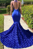 Suzhoufashion Classy Royal Blue Halter Long Sleeveless Lace Mermaid Prom Dresses