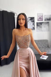 Suzhoufashion Classy Strapless Dusty Pink Evening Prom Dresses Mermaid Slit With Lace Appliques