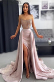Suzhoufashion Classy Strapless Dusty Pink Evening Prom Dresses Mermaid Slit With Lace Appliques