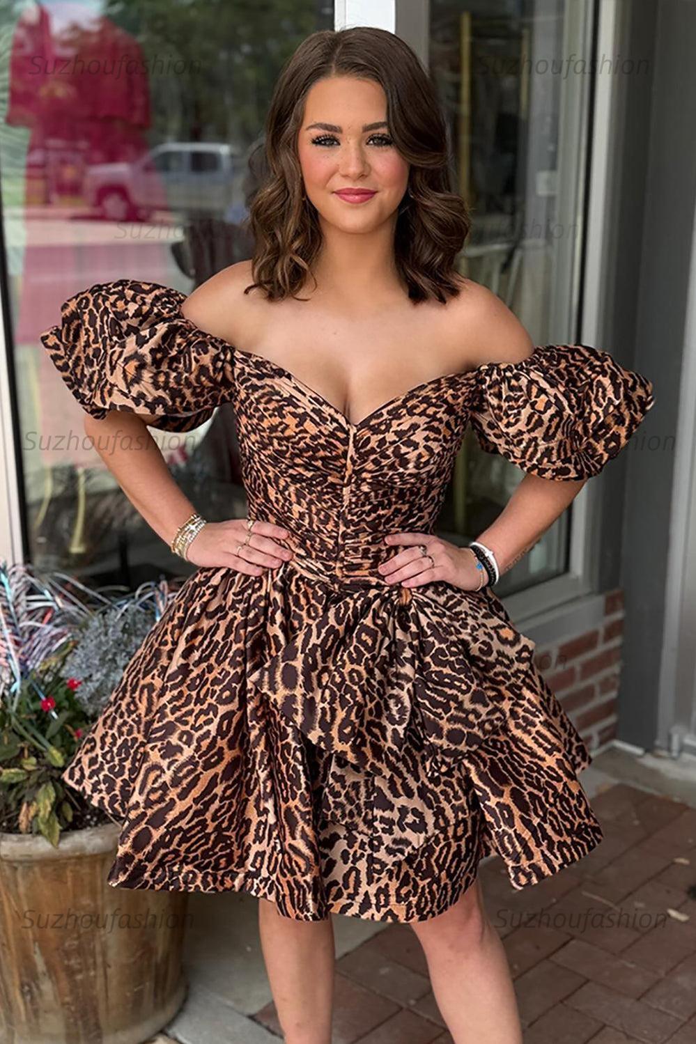 Suzhoufashion Cute Brown Leopard Print A-Line Short Homecoming Dress with Ruffles