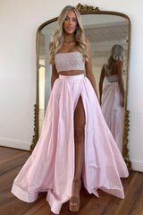 Suzhoufashion Cute Pink Strapless Beaded Top Long Satin Prom Dress With Slit Formal Evening Gown