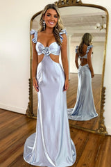 Suzhoufashion Cute Stylish Mermaid Satin Prom Dress With Waist Hollow Design Long Silhouette And Floral Accent Formal Evening Gown