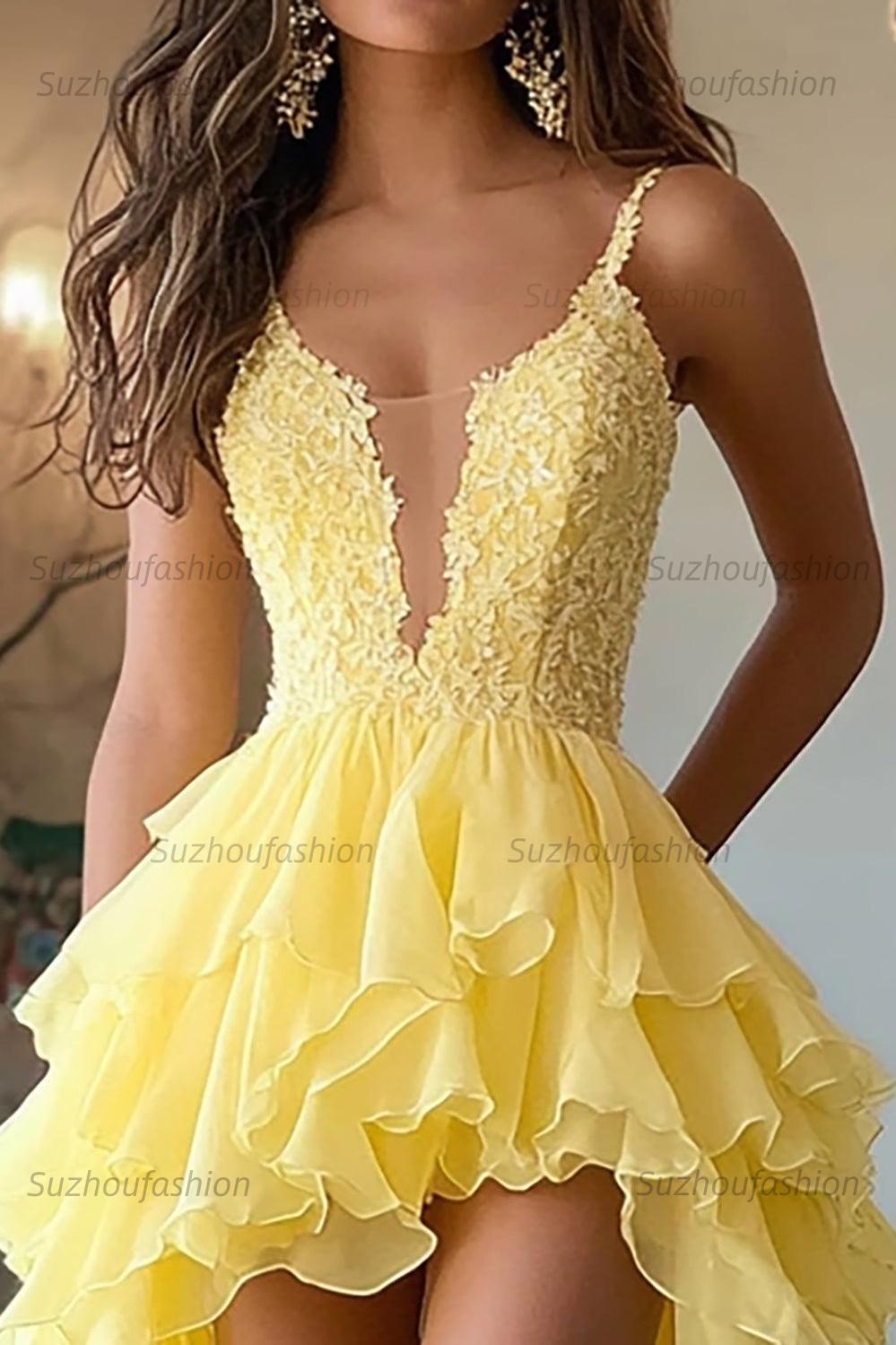 Suzhoufashion Daffodil Yellow Tiered A-Line High-Low Chiffon Prom Dress with Appliques