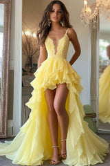 Suzhoufashion Daffodil Yellow Tiered A-Line High-Low Chiffon Prom Dress with Appliques