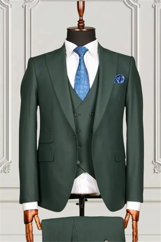Suzhoufashion Dark Green Formal Peaked Lapel Three Pieces Men Suits