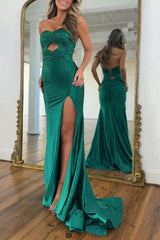 Suzhoufashion Dark Green Mermaid Prom Dress Beaded Sweetheart Satin Long Formal Dress With Slit