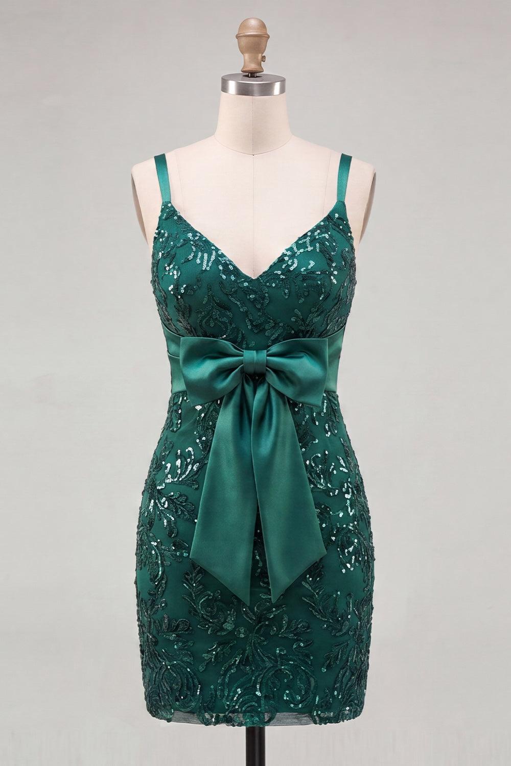 Suzhoufashion Dark Green Tight Sequin Short Homecoming Dress with Bow