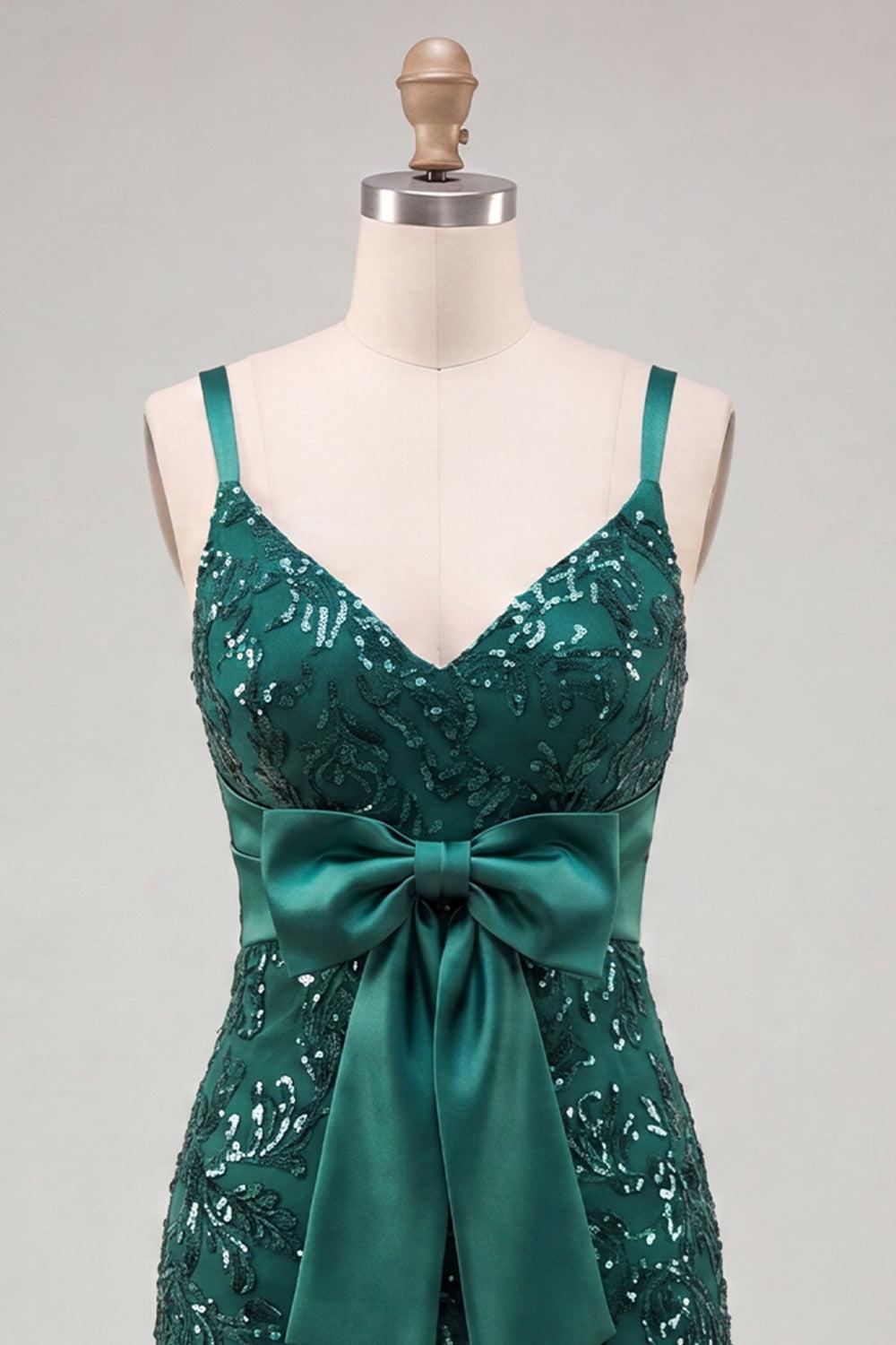 Suzhoufashion Dark Green Tight Sequin Short Homecoming Dress with Bow