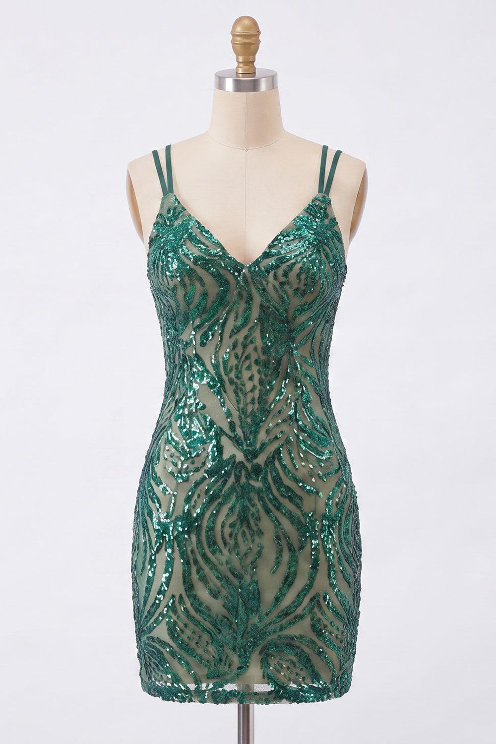 Suzhoufashion Dark Green V-Neck Sequin Tight Short Homecoming Dress