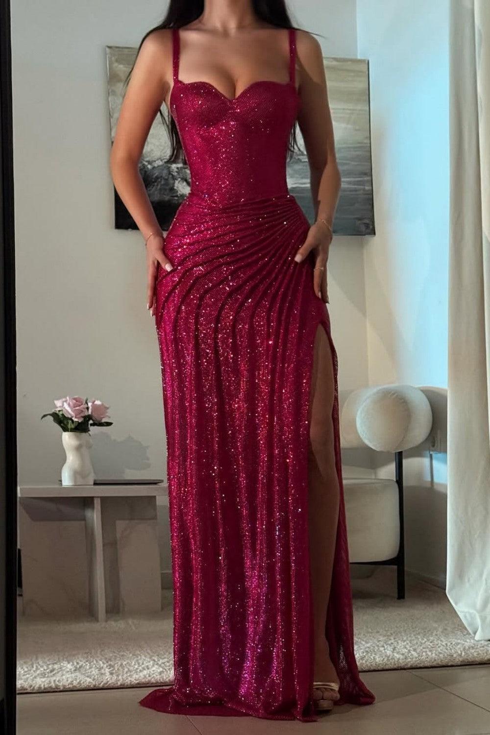 Suzhoufashion Dark Red Glitter Bodycon Homecoming Dress With Sweetheart Neck Spaghetti Straps Ruched Side Slit Formal Evening Gown