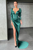 Suzhoufashion Dark green Bubble sleeves High-split Mermaid Evening Prom Dresses