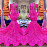 Suzhoufashion Designer Fuchsia V-neck Mermaid Sparkle Long Prom Dress With Long Sleeves
