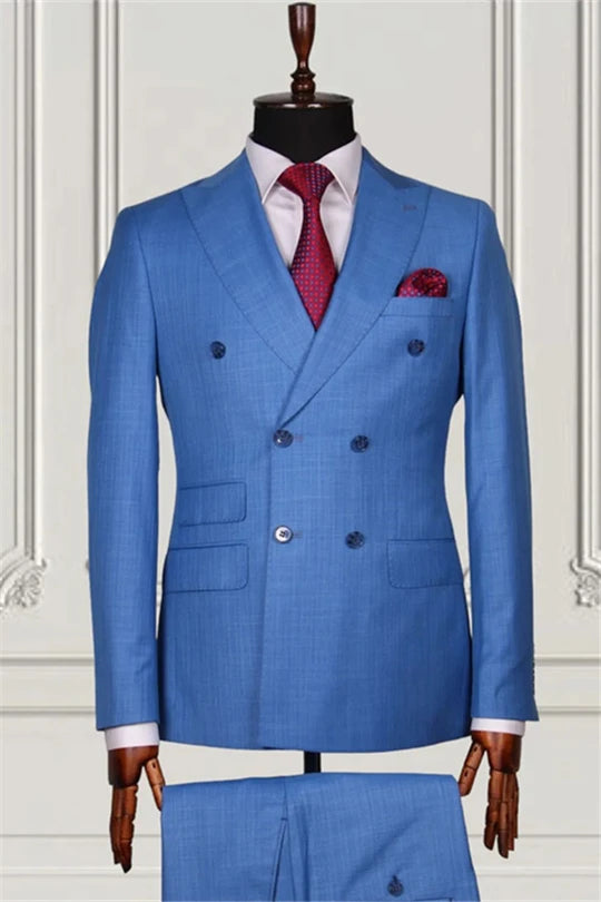 Suzhoufashion Double Breasted Blue Best Fitted Peaked Lapel Bespoke Men Suits
