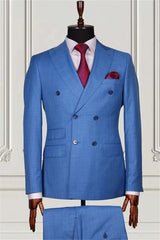 Suzhoufashion Double Breasted Blue Best Fitted Peaked Lapel Bespoke Men Suits