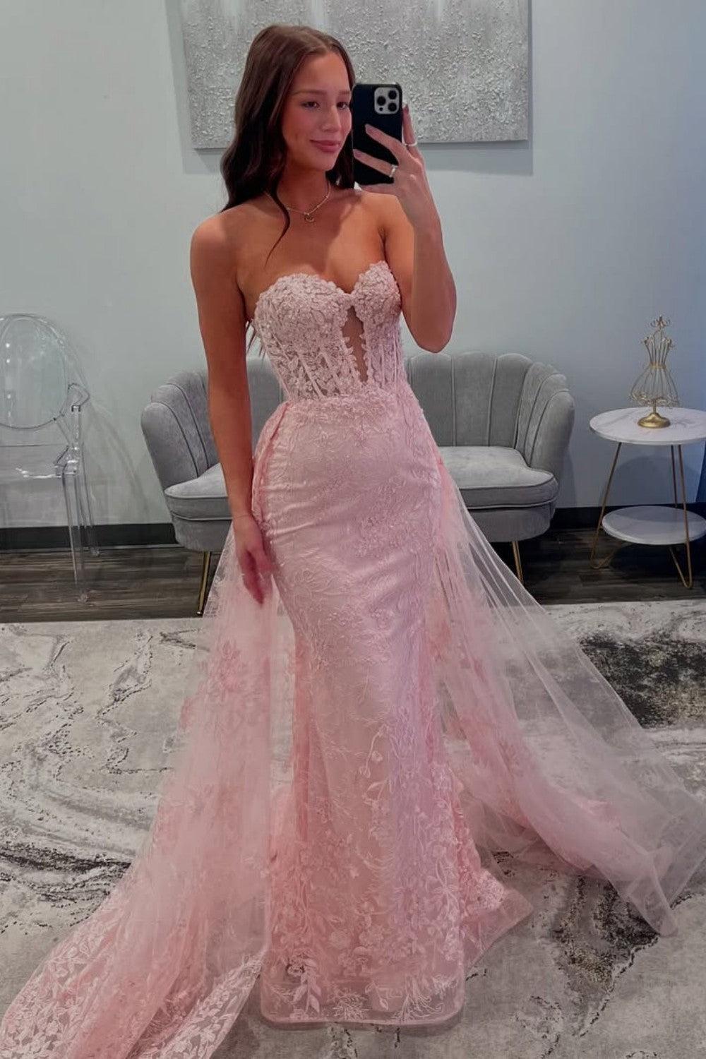 Suzhoufashion Dreamy Pink Mermaid Sweetheart Lace Prom Dress With Tulle Train Formal Evening Gown