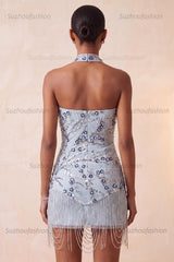 Suzhoufashion Dusty Blue Floral Fringed Sequins Tight Short Homecoming Dress