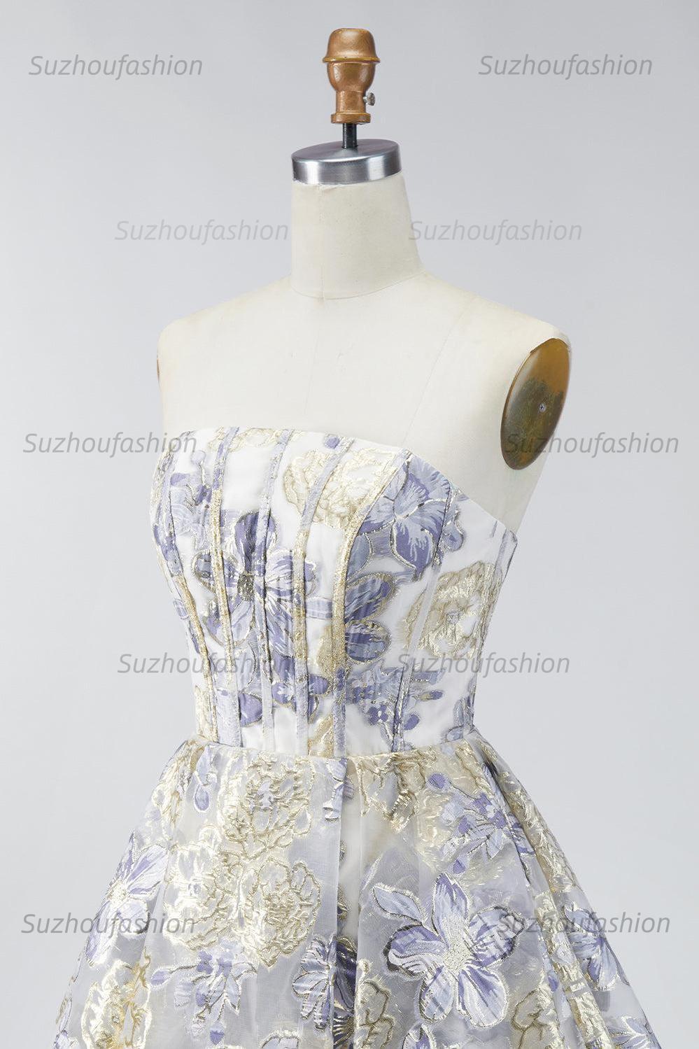 Suzhoufashion Dusty Blue Floral Jacquard Strapless A-Line Corset Short Homecoming Dress