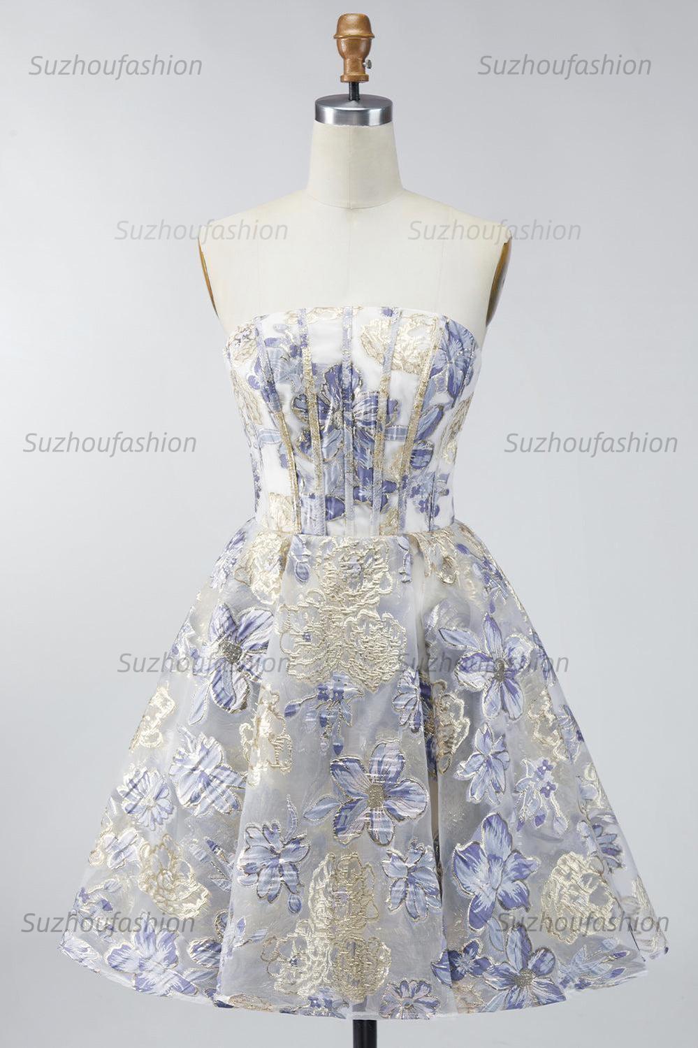 Suzhoufashion Dusty Blue Floral Jacquard Strapless A-Line Corset Short Homecoming Dress