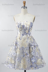 Suzhoufashion Dusty Blue Floral Jacquard Strapless A-Line Corset Short Homecoming Dress