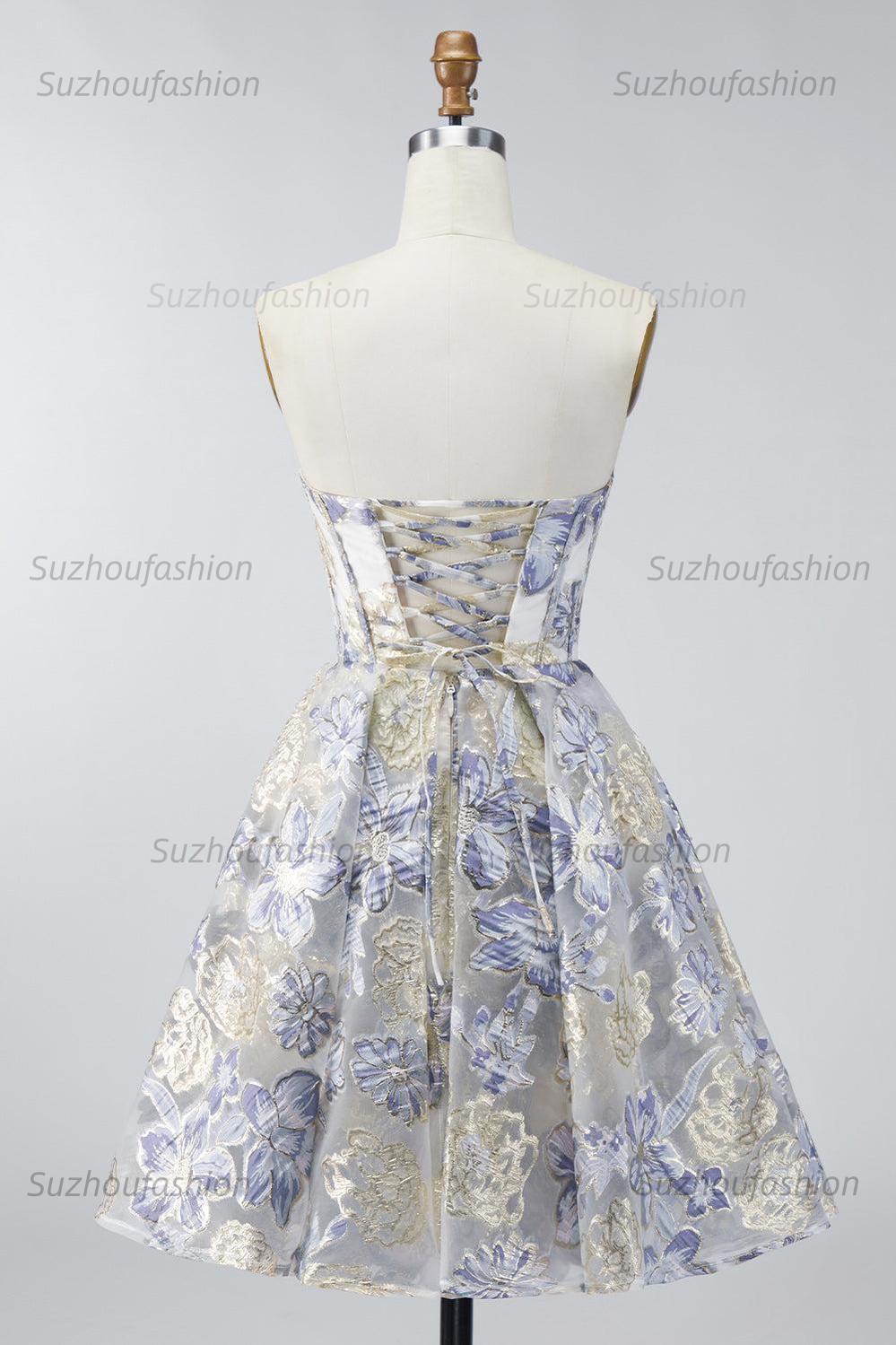 Suzhoufashion Dusty Blue Floral Jacquard Strapless A-Line Corset Short Homecoming Dress