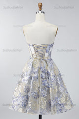 Suzhoufashion Dusty Blue Floral Jacquard Strapless A-Line Corset Short Homecoming Dress