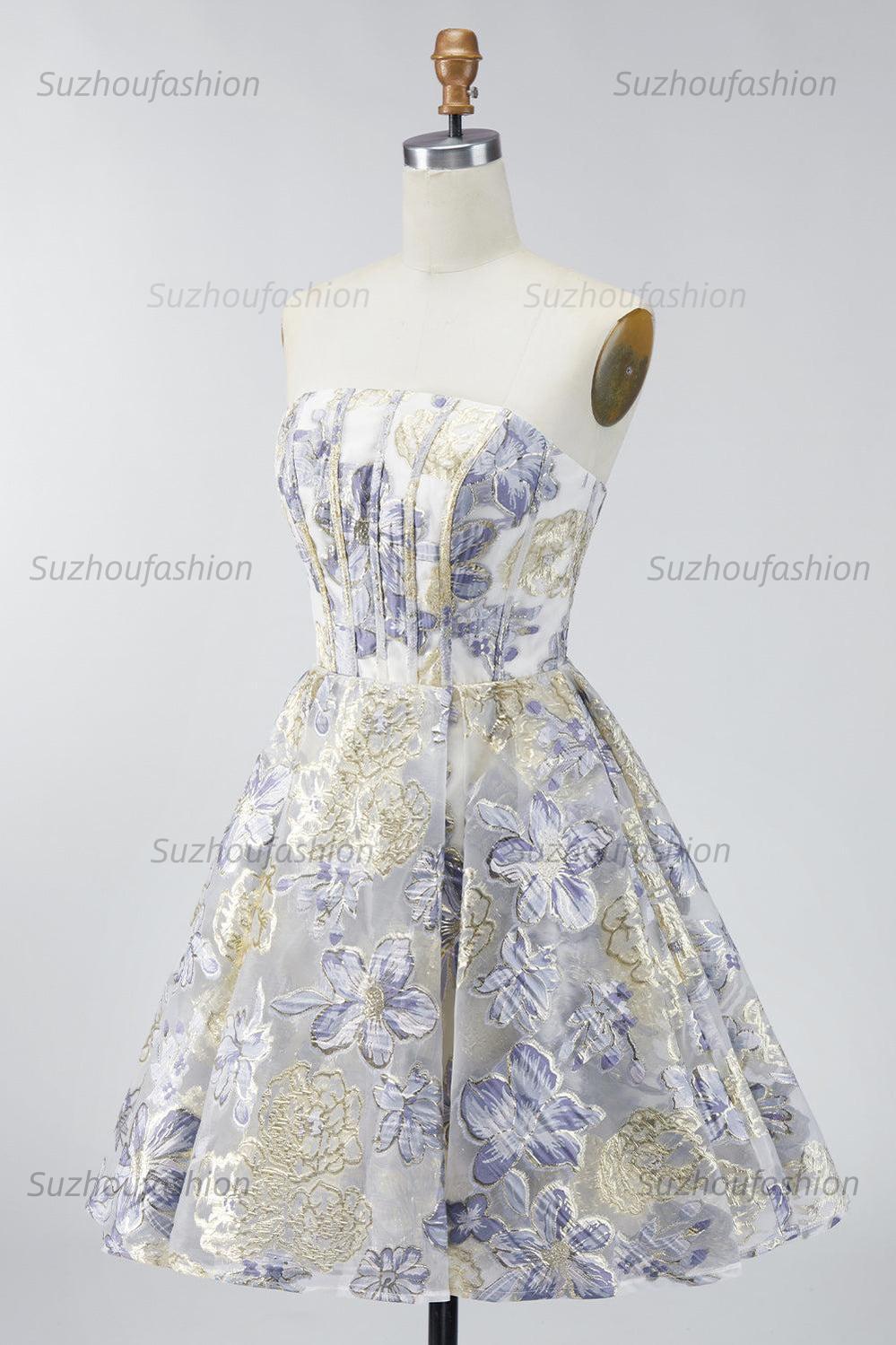 Suzhoufashion Dusty Blue Floral Jacquard Strapless A-Line Corset Short Homecoming Dress