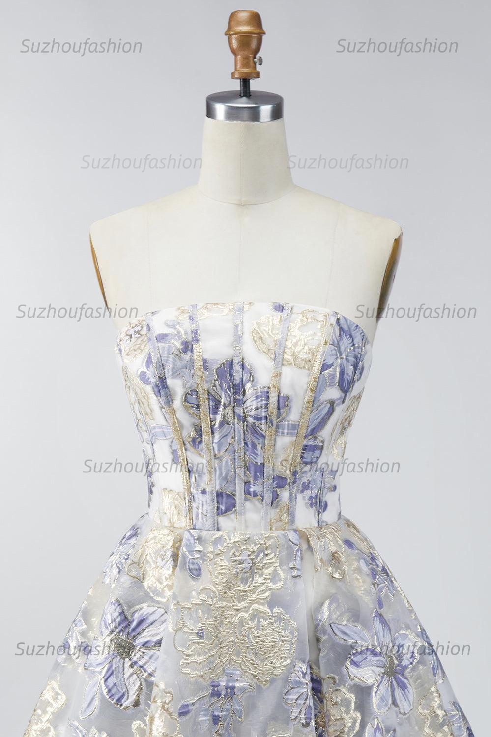 Suzhoufashion Dusty Blue Floral Jacquard Strapless A-Line Corset Short Homecoming Dress