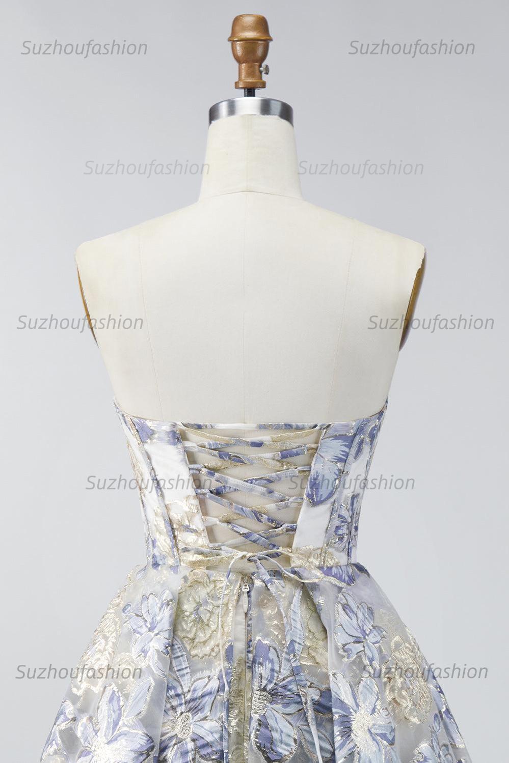Suzhoufashion Dusty Blue Floral Jacquard Strapless A-Line Corset Short Homecoming Dress