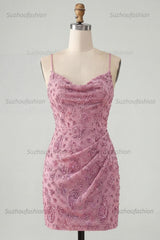 Suzhoufashion Dusty Rose Beaded Ruched Tight Cowl Neck Short Homecoming Dress