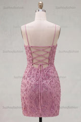 Suzhoufashion Dusty Rose Beaded Ruched Tight Cowl Neck Short Homecoming Dress