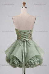 Suzhoufashion Dusty Sage Beaded A Line Corset Short Homecoming Dress with 3D Flowers