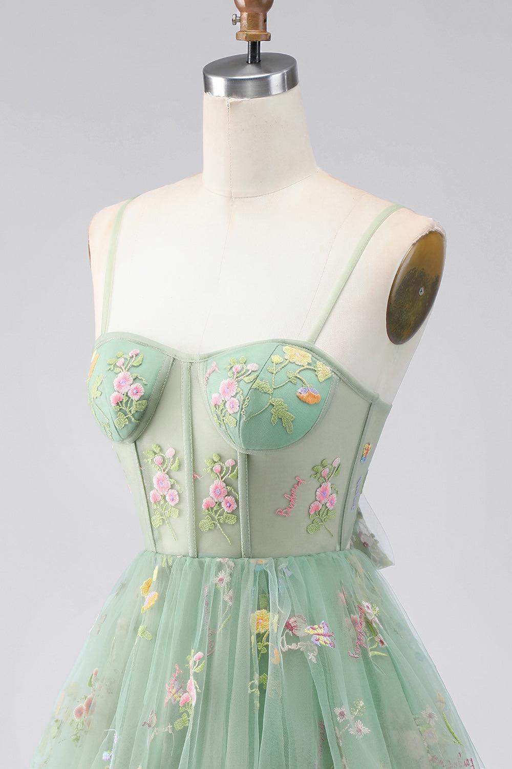 Suzhoufashion Dusty Sage Floral Corset A-Line Short Homecoming Dress with Ruffles