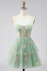Suzhoufashion Dusty Sage Floral Corset A-Line Short Homecoming Dress with Ruffles