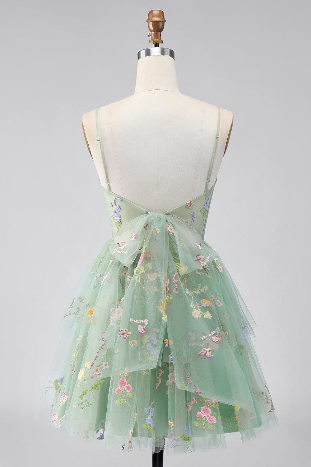Suzhoufashion Dusty Sage Floral Corset A-Line Short Homecoming Dress with Ruffles