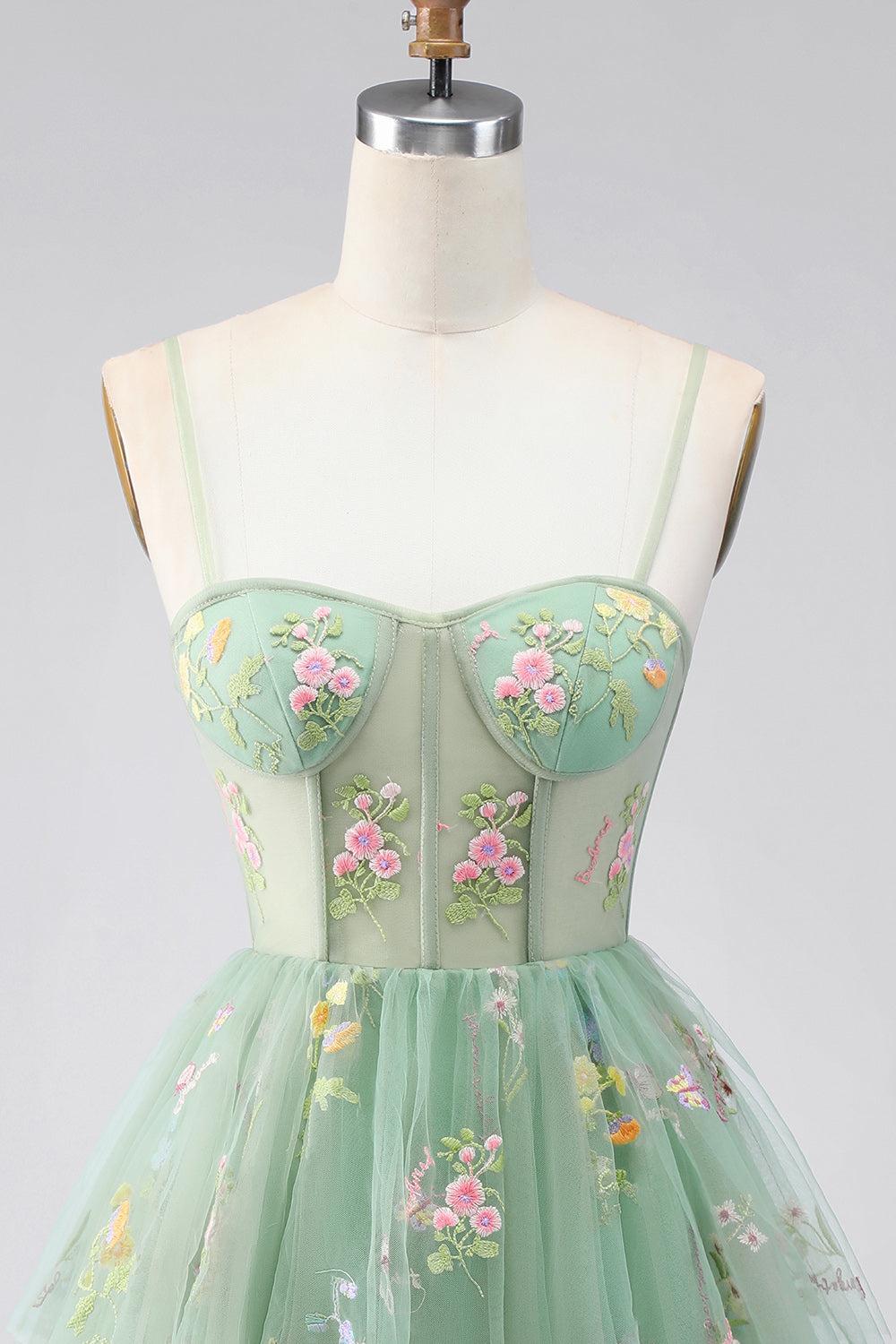 Suzhoufashion Dusty Sage Floral Corset A-Line Short Homecoming Dress with Ruffles