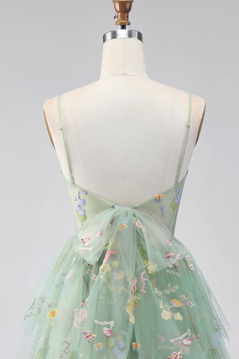 Suzhoufashion Dusty Sage Floral Corset A-Line Short Homecoming Dress with Ruffles