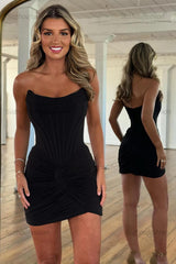 Suzhoufashion Elegant Black Strapless Satin Tight Corset Short Homecoming Dress