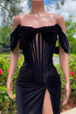Suzhoufashion Elegant Black Velvet Off-The-Shoulder Mermaid Sleeveless Prom Dresses With Slit