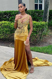 Suzhoufashion Elegant Gold One Shoulder Long Satin Lace Prom Dresses with Appliques