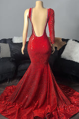 Suzhoufashion Elegant Long Red One Shoulder Prom Dress With Long Sleeve V-neck Sequined