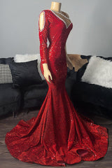 Suzhoufashion Elegant Long Red One Shoulder Prom Dress With Long Sleeve V-neck Sequined