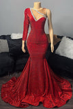 Suzhoufashion Elegant Long Red One Shoulder Prom Dress With Long Sleeve V-neck Sequined