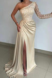 Suzhoufashion Elegant One Shoulder Lace Satin Prom Dress With Slit Long Sleeve