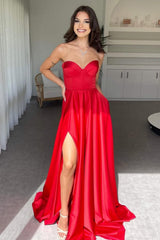 Suzhoufashion Elegant Red Sweetheart Satin A-Line Prom Dress With High Leg Slit Formal Evening Gown