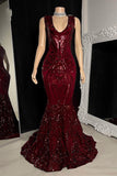 Suzhoufashion Elegant Sleeveless Prom Dress With Lace Long Red Mermaid
