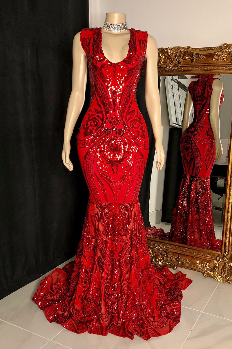 Suzhoufashion Elegant Sleeveless Prom Dress With Lace Long Red Mermaid