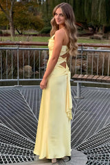Suzhoufashion Elegant Yellow V-Neck Back Satin Gown With Front Twist Formal Evening Gown
