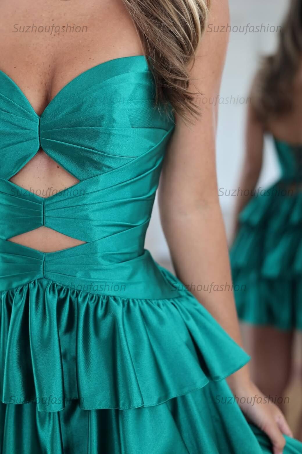 Suzhoufashion Emerald Satin Strapless Cut-Out Tiered Homecoming Dress