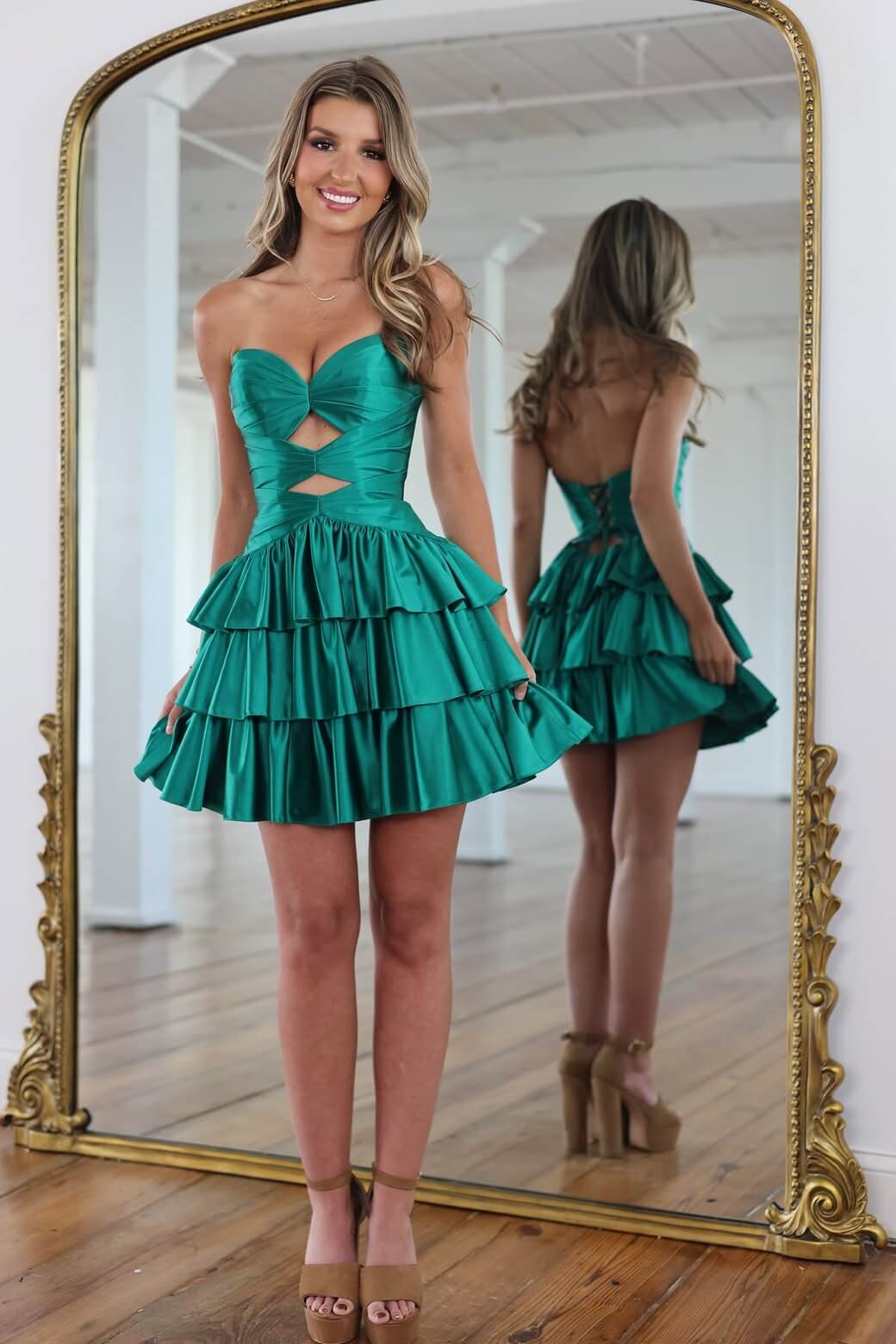Suzhoufashion Emerald Satin Strapless Cut-Out Tiered Homecoming Dress
