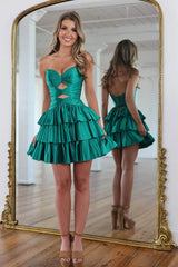 Suzhoufashion Emerald Satin Strapless Cut-Out Tiered Homecoming Dress